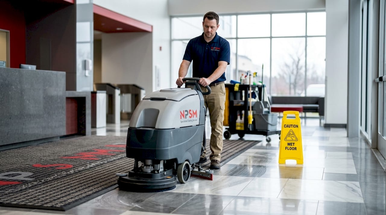 Technician cleaning high-traffic commercial floor