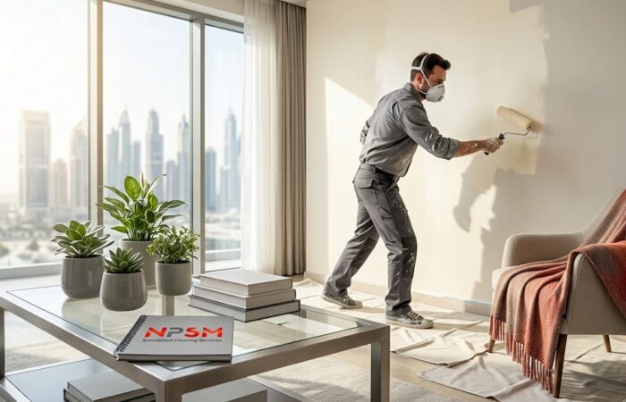 Painter applying cream paint in Dubai home living room