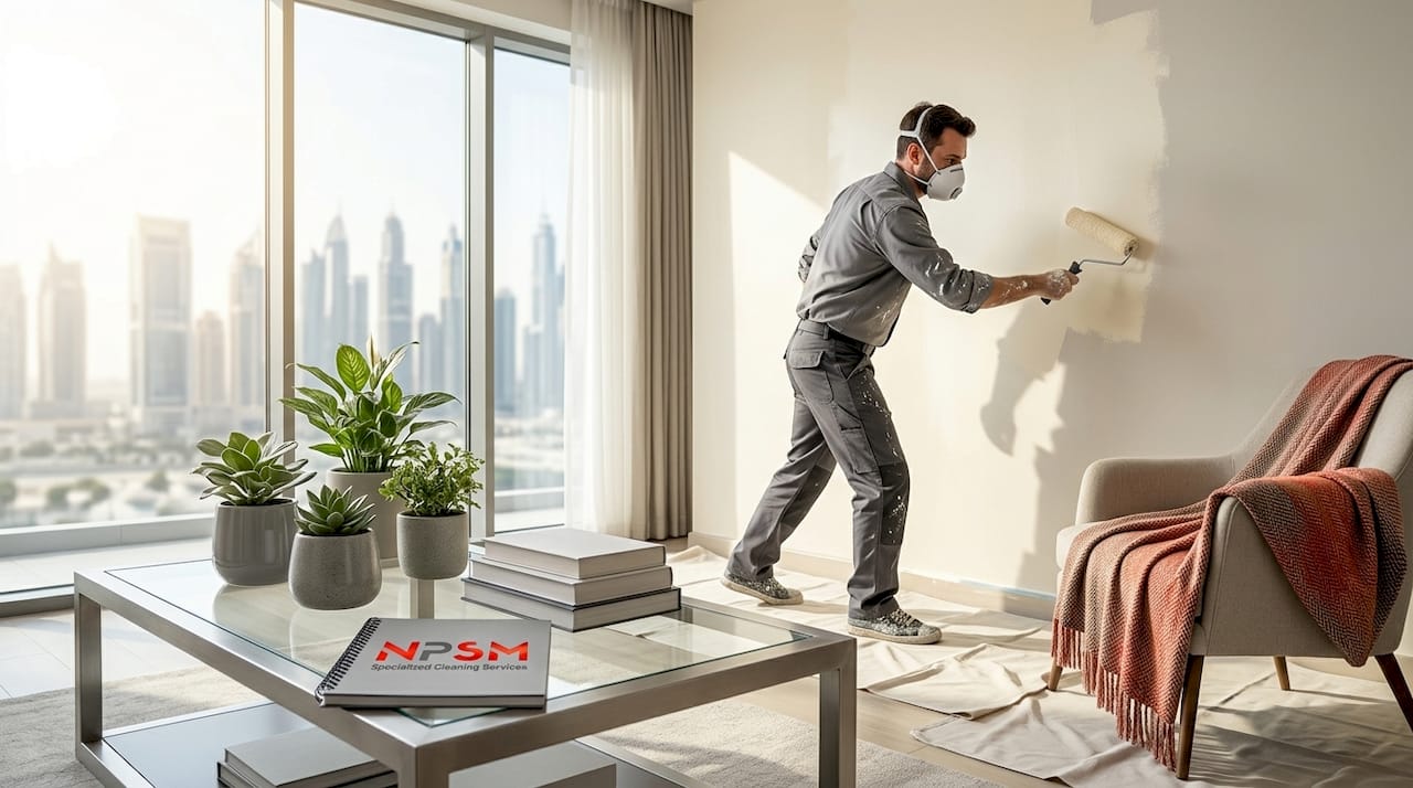 Painter applying cream paint in Dubai home living room