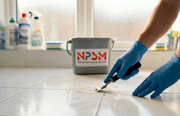 Close-up of hands removing grout from floor tiles