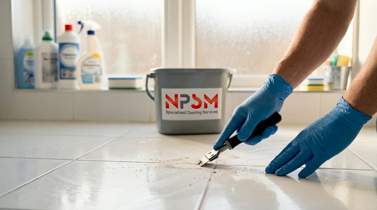 Close-up of hands removing grout from floor tiles