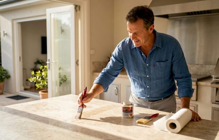 Homeowner applying sealer on marble countertop