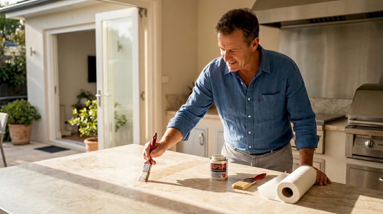 Homeowner applying sealer on marble countertop