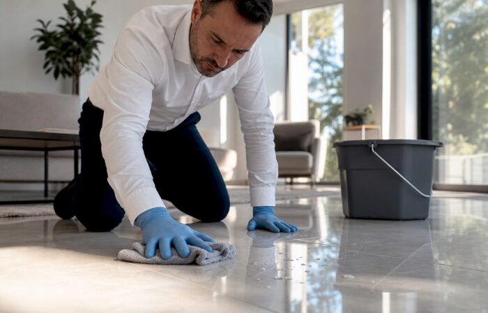 Specialist polishing glossy ceramic tile floor