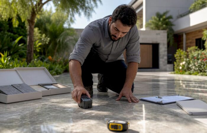 Specialist inspecting marble floor tile finish