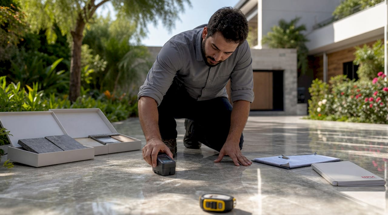 Specialist inspecting marble floor tile finish