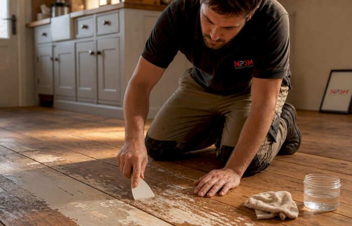 Person scraping paint off wood floor carefully