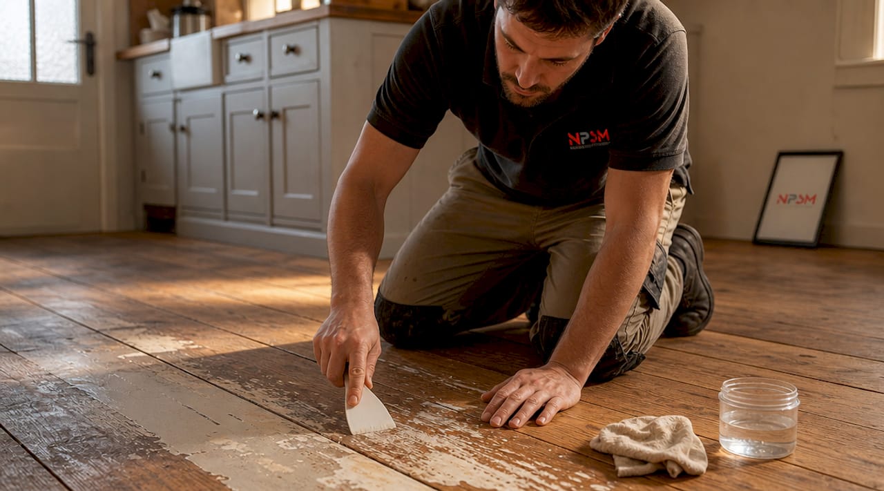 Person scraping paint off wood floor carefully