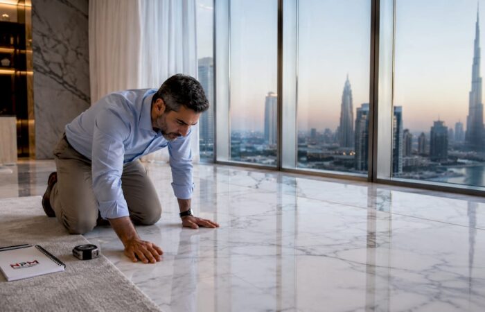 Floor inspector examining glossy marble floor
