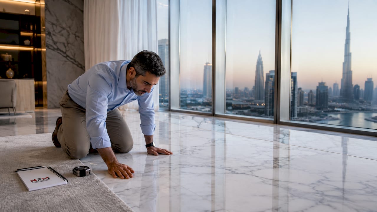 Floor inspector examining glossy marble floor
