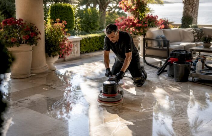 Technician polishing villa marble floor