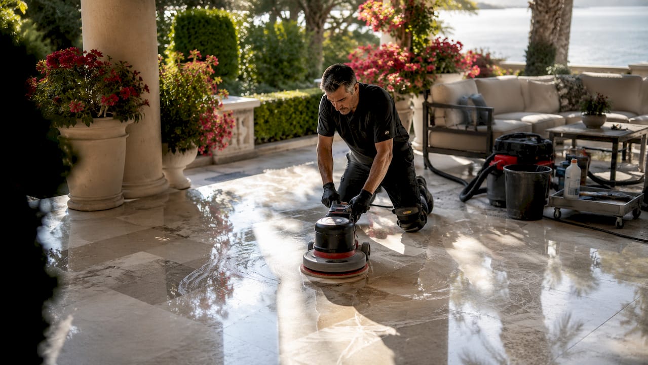 Technician polishing villa marble floor