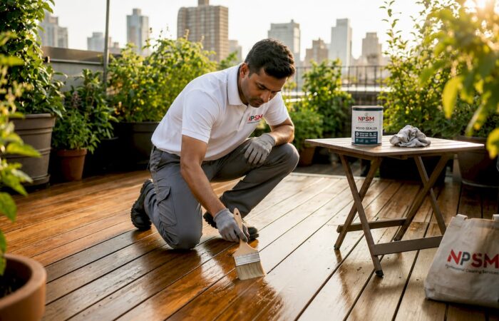 Handyman sealing outdoor wooden deck with brush