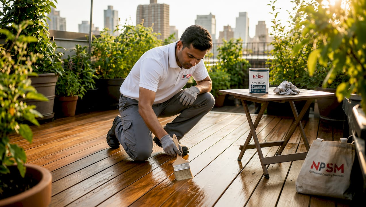 Handyman sealing outdoor wooden deck with brush