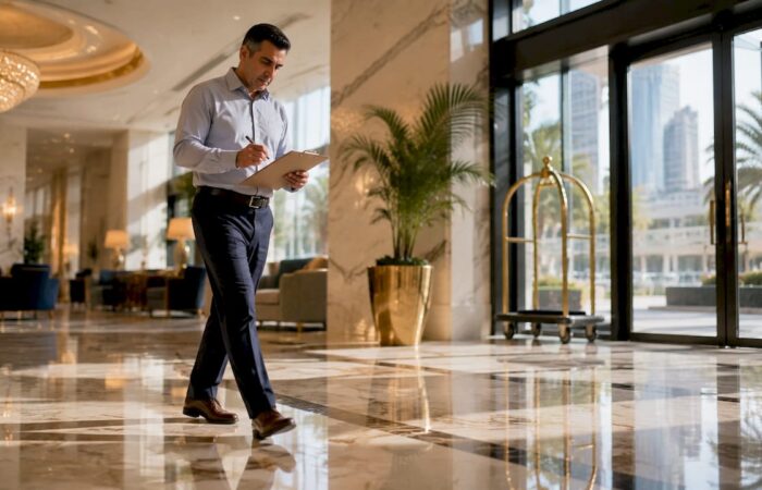 Facility manager inspecting marble floor indoors
