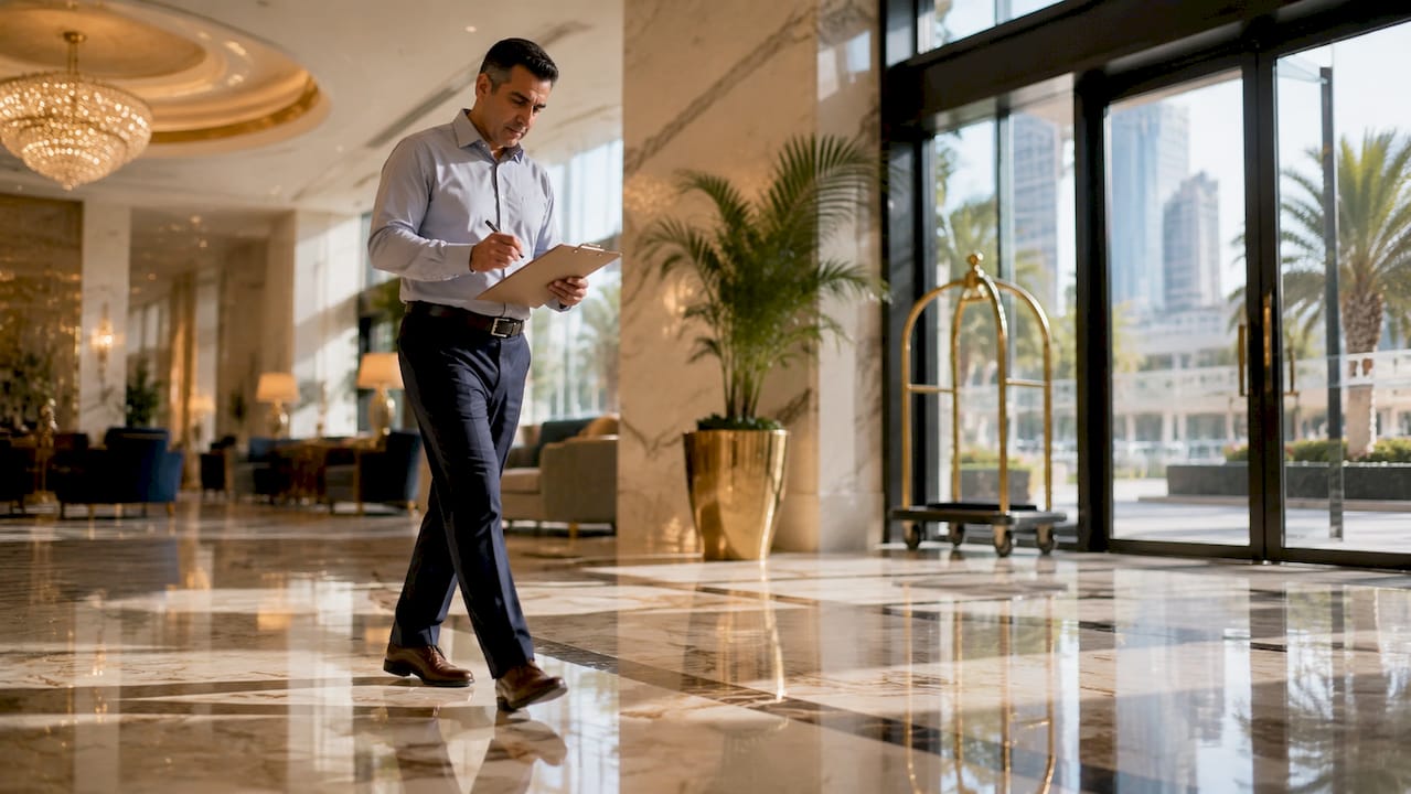 Facility manager inspecting marble floor indoors