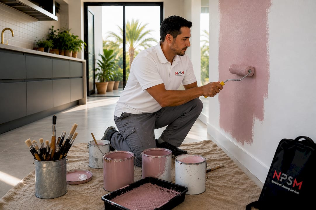 Woman repainting interior living room wall