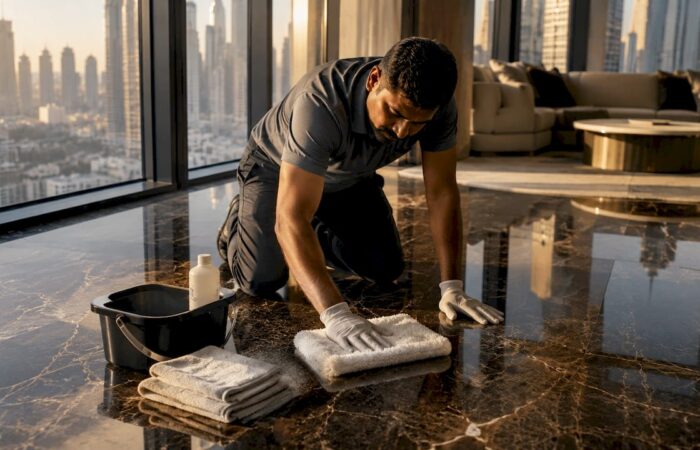 Specialist applying floor polish in Dubai apartment