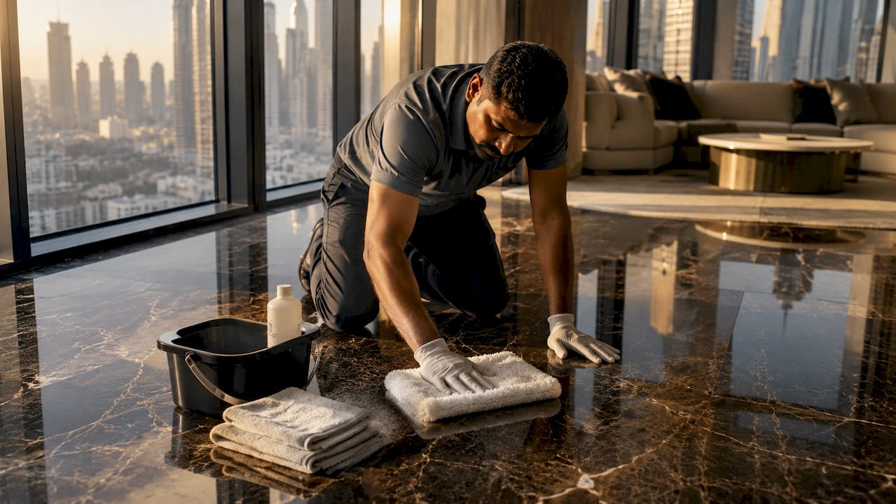 Specialist applying floor polish in Dubai apartment