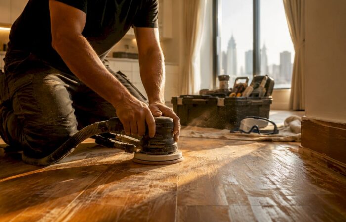 Hands sanding damaged hardwood floor