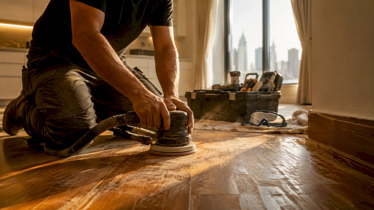 Hands sanding damaged hardwood floor