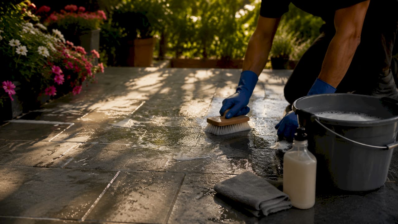 Hands scrubbing slate floor in modern kitchen