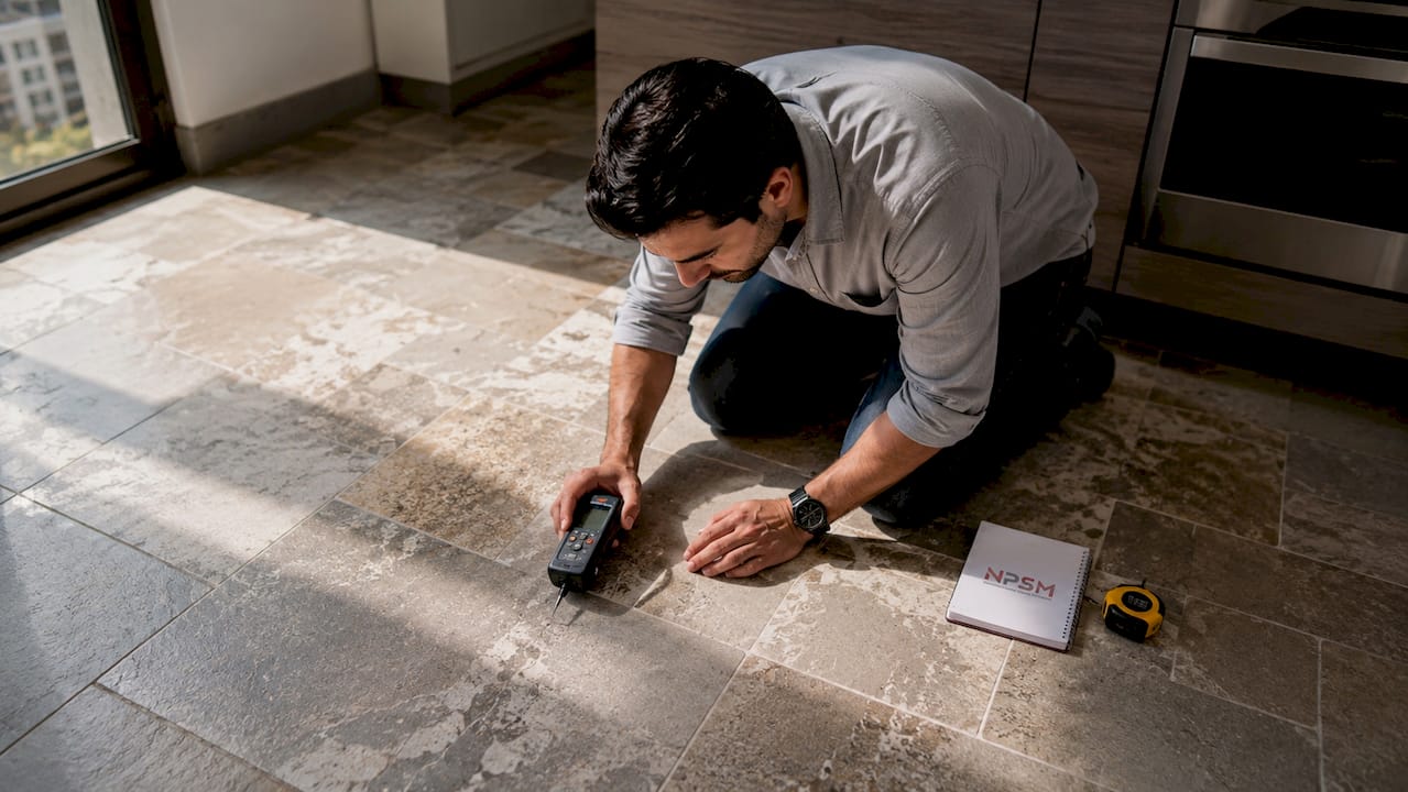 Hands using moisture meter on flooring surface