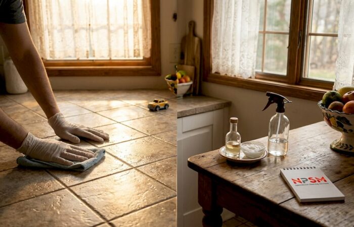 Hands polishing hardwood floor with natural agents