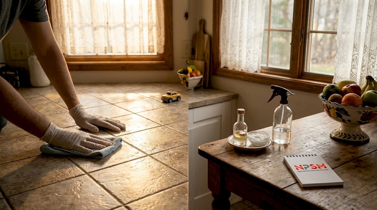 Hands polishing hardwood floor with natural agents