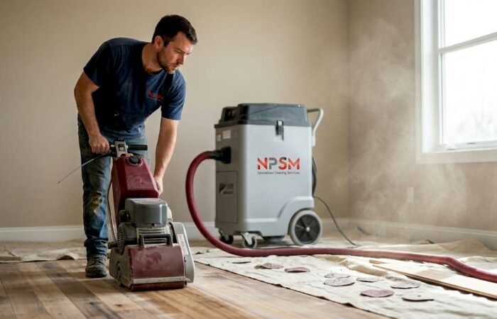 Contractor using dustless sanding machine in home
