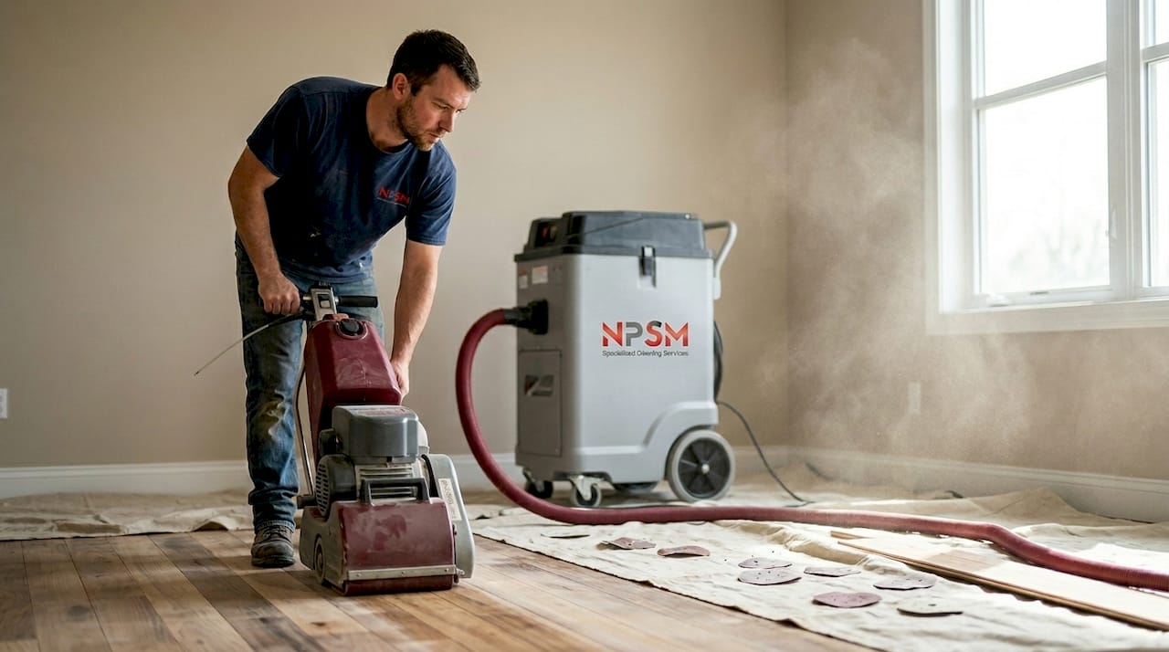 Contractor using dustless sanding machine in home