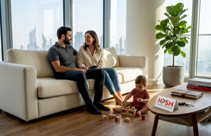 Family relaxing on engineered wood floor