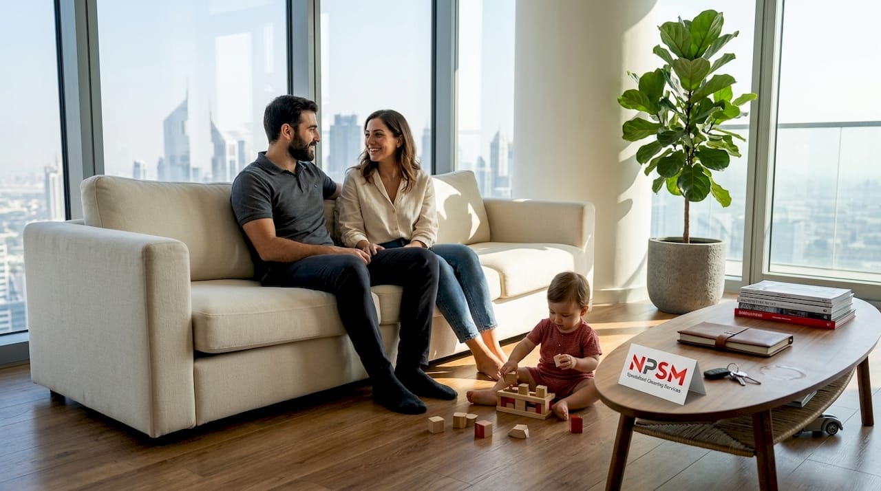 Family relaxing on engineered wood floor