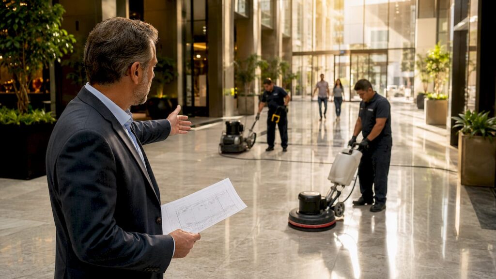 Property manager overseeing mall floor restoration