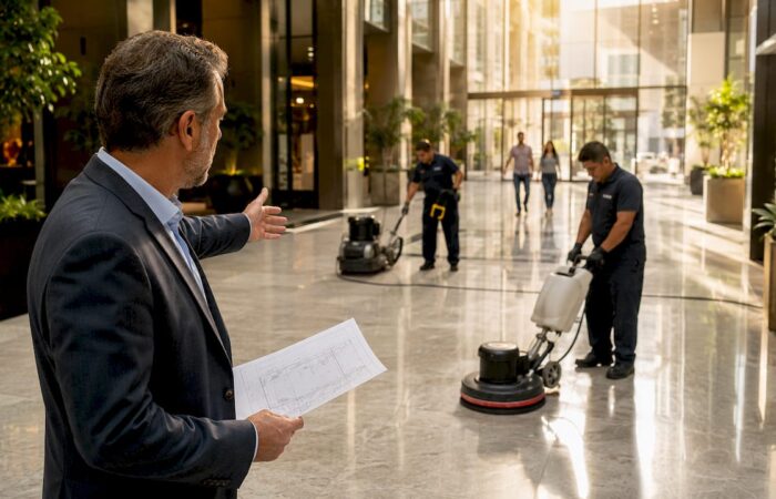 Property manager overseeing mall floor restoration