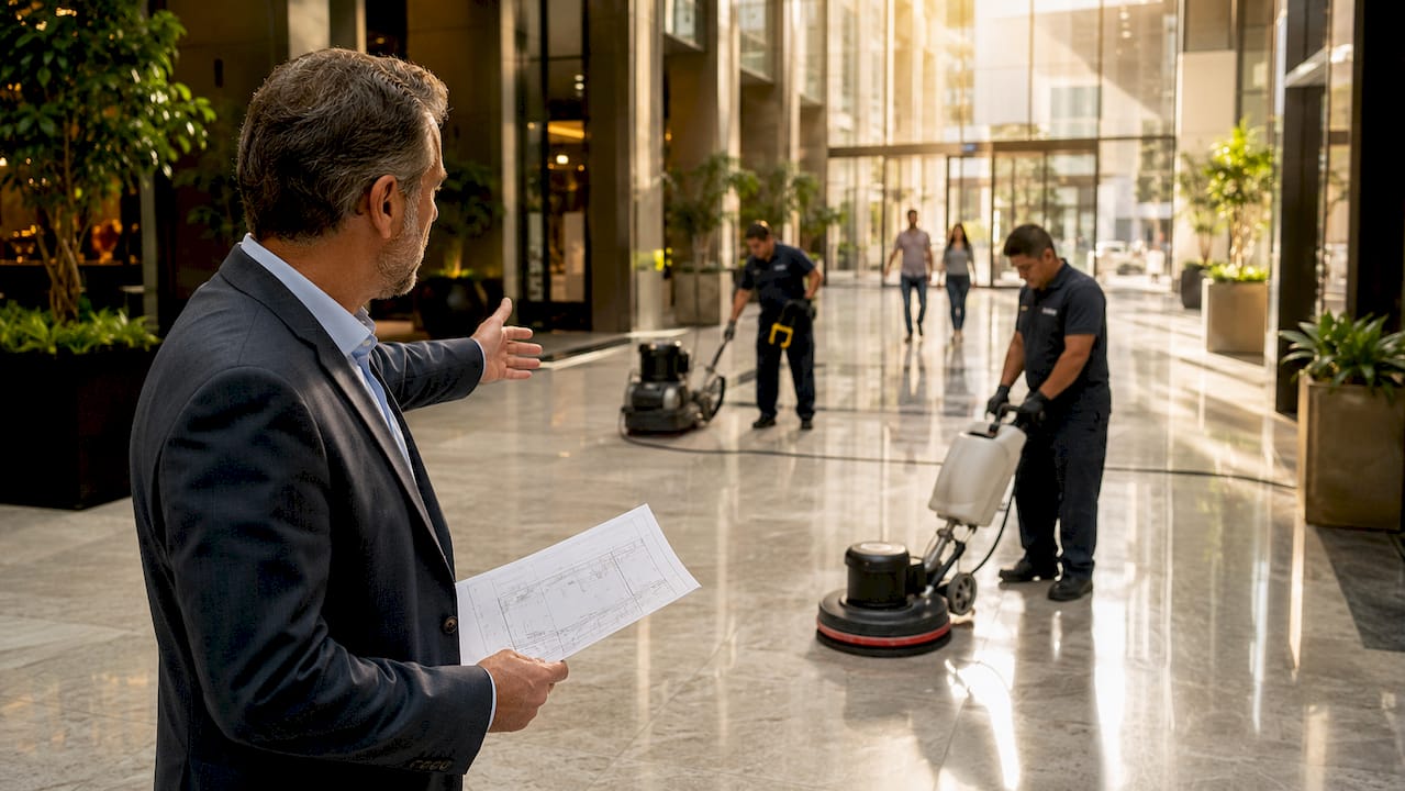Property manager overseeing mall floor restoration