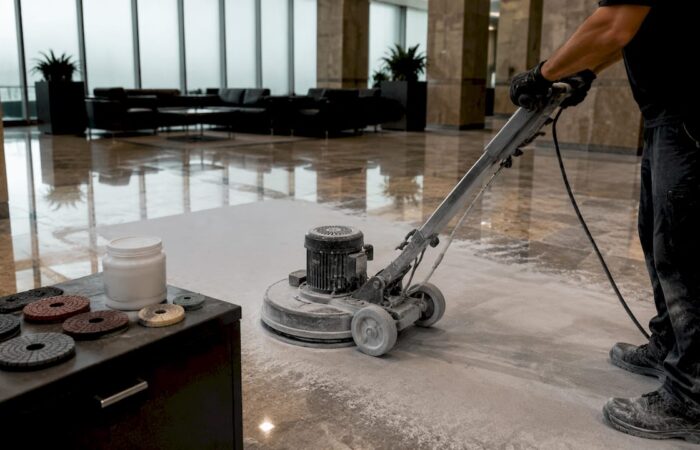 Technician using floor honing rotary machine
