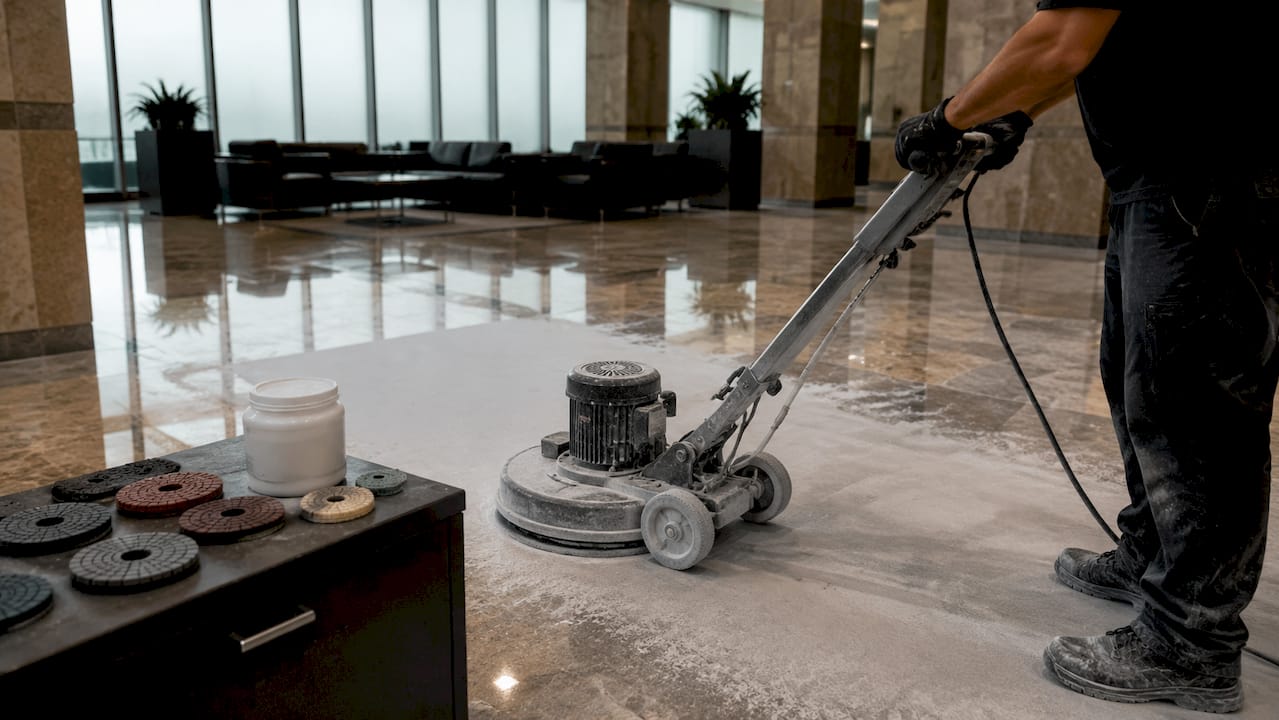 Technician using floor honing rotary machine