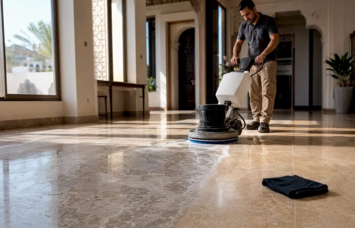 Technician restoring an etched limestone floor