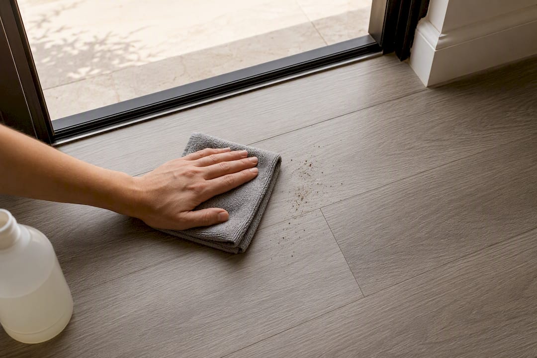 Microfiber cloth wiping vinyl entryway floor