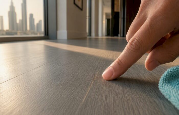 Macro view of scratch on vinyl flooring