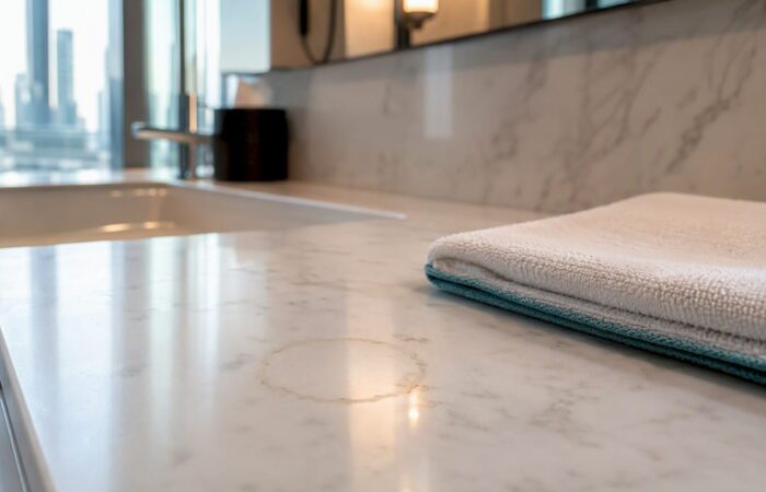 Water ring on polished marble beside microfiber towel