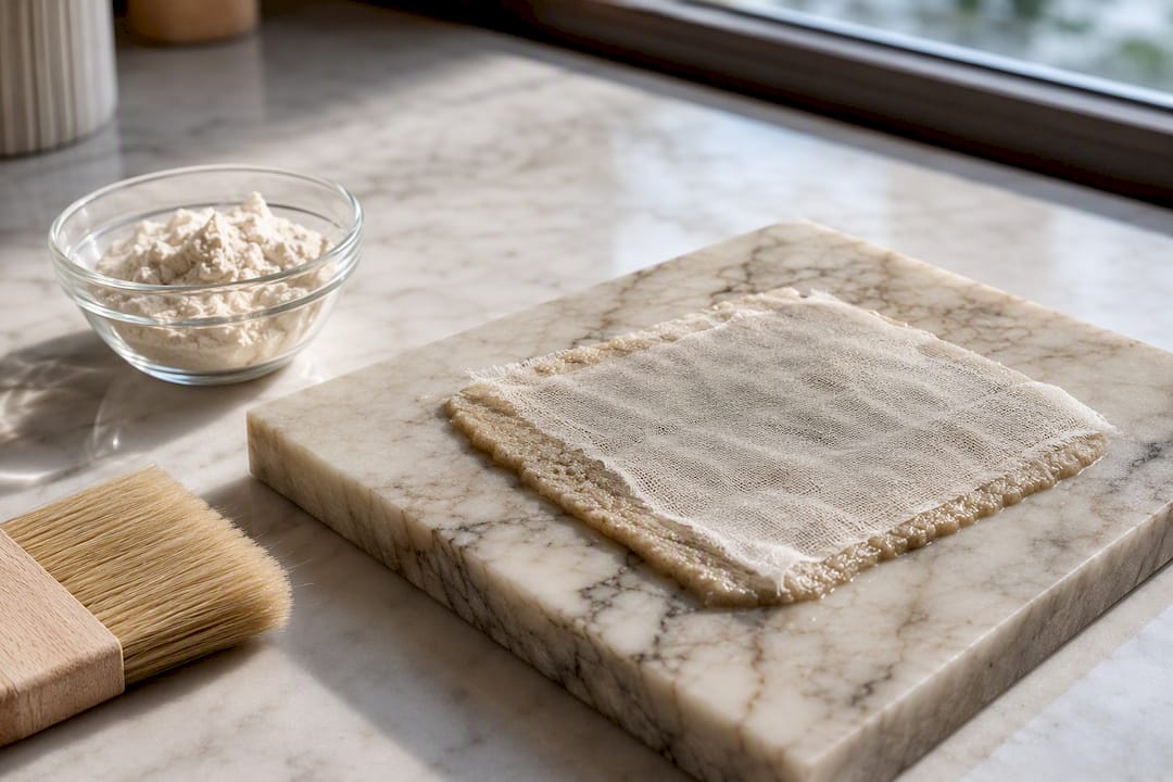 Marble poultice covering a dark stain