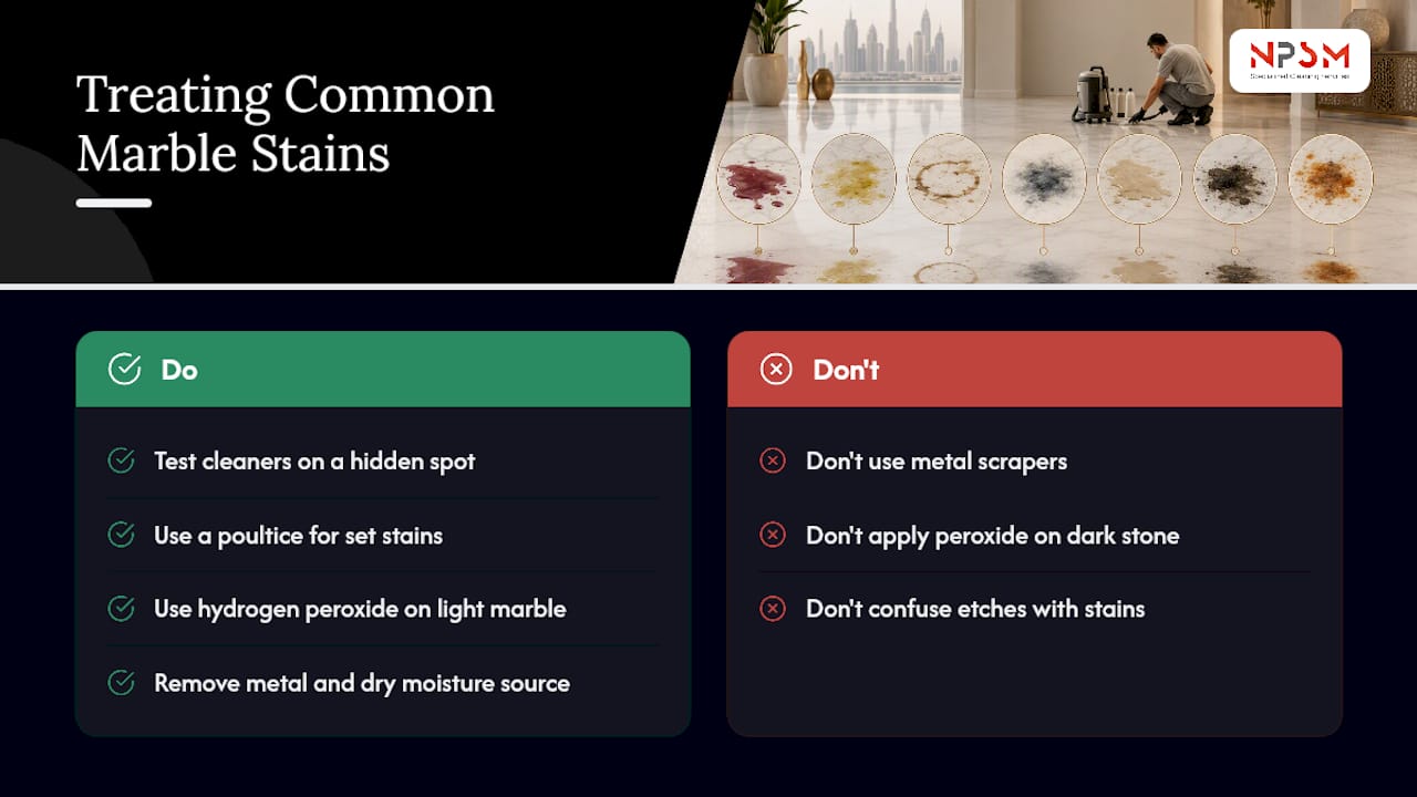 Marble Floor Stains: 7 Common Types and What Actually Removes Them — overview diagram