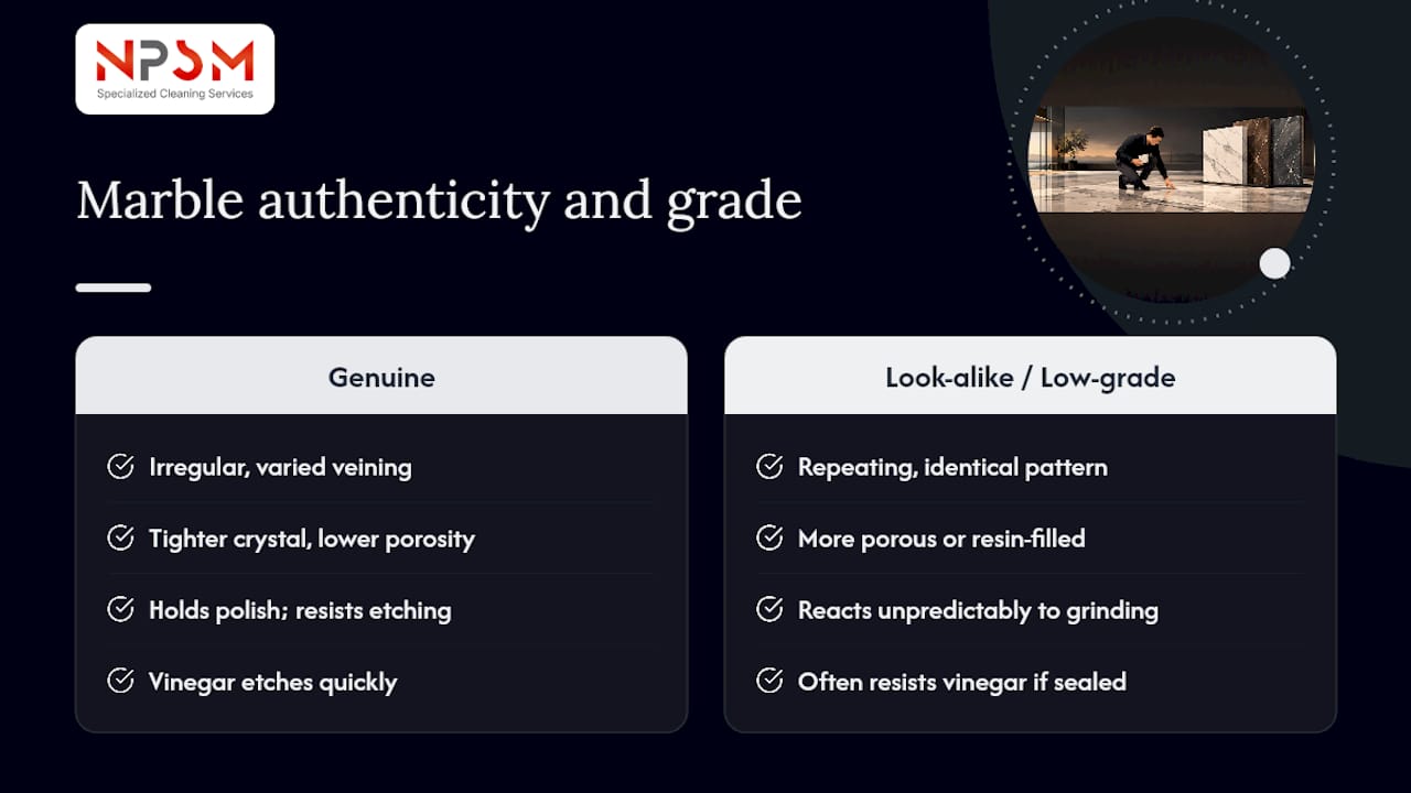 Checking the authenticity and grade of the marble before restoration — overview diagram