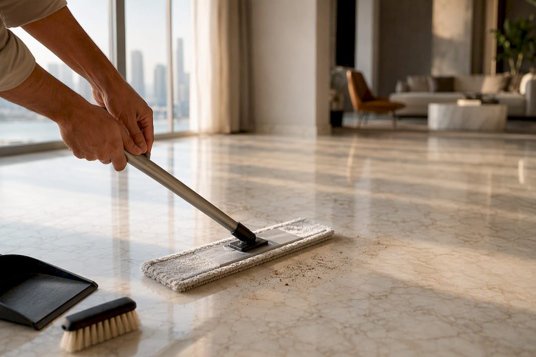 Dust mop cleaning polished marble floor