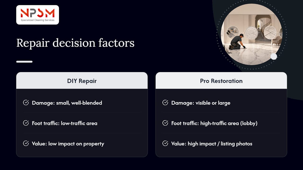 Three factors guiding marble repair decisions