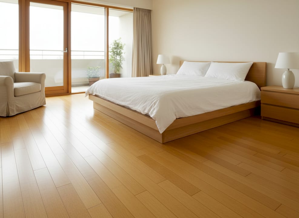 Light-coloured floorboards in a sunlit bedroom