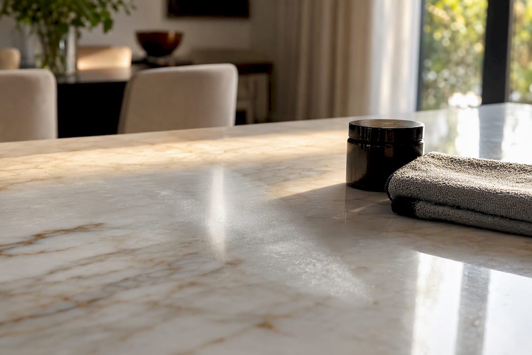 Raking light revealing a marble etch