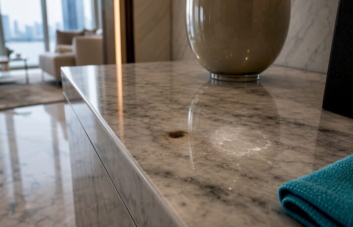 Marble surface showing stain and etch